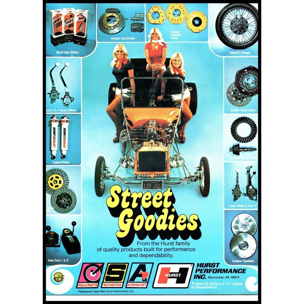 1976 Hurst Performance Street Goodies Vintage Print Ad Blonde Hot Rod Wall Art